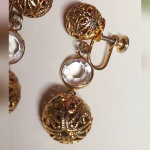 Vintage Filigree Dangle Earrings Gold & Crystal